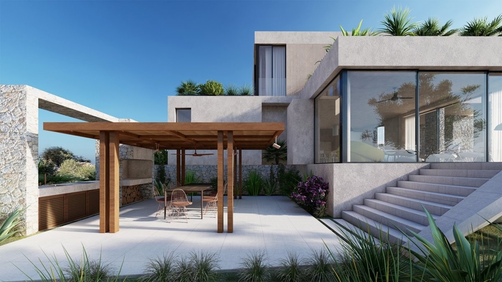 Visualizzazione 3D: vista laterale della villa H3358, in vendita in Croazia.