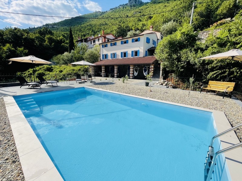 Vista esterna della villa con piscina blu, solarium e natura circostante