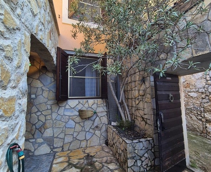 Piccolo cortile interno con muro in pietra e ulivo, e porta d'ingresso.