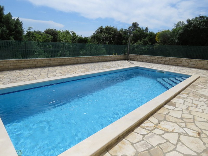 Piscina esterna con terrazza piastrellata e sfondo verde.