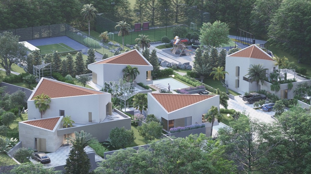 Visualizzazione di più ville con campo da tennis dall'alto