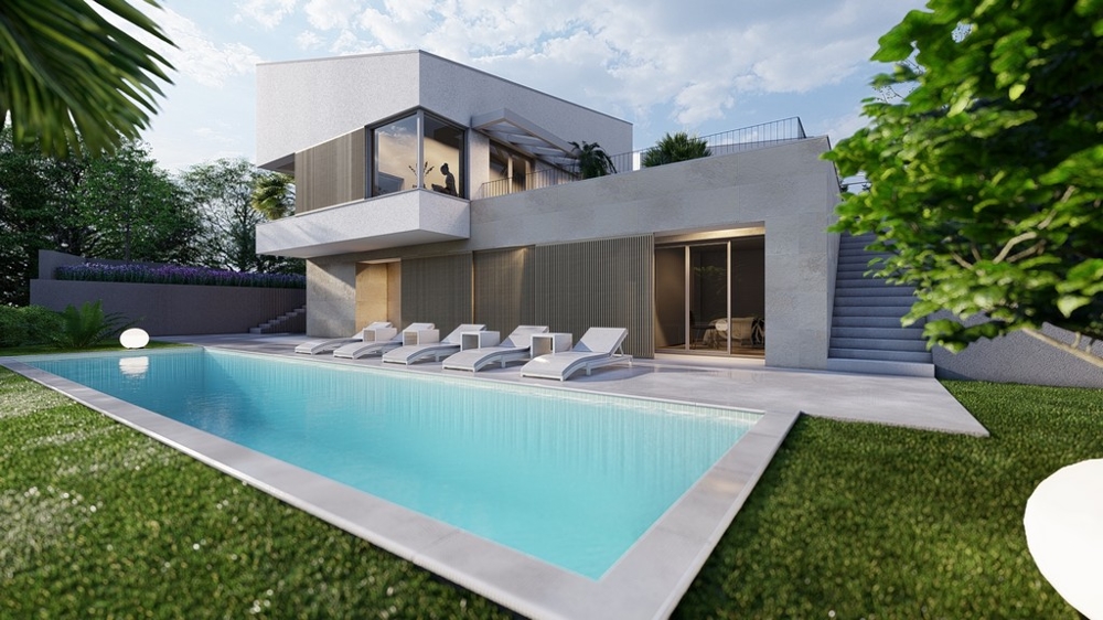 Visualizzazione della villa con lettini sulla lunga piscina