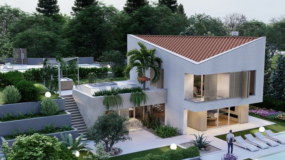 Visualizzazione della villa con tetto di tegole e terrazza sul tetto con verde