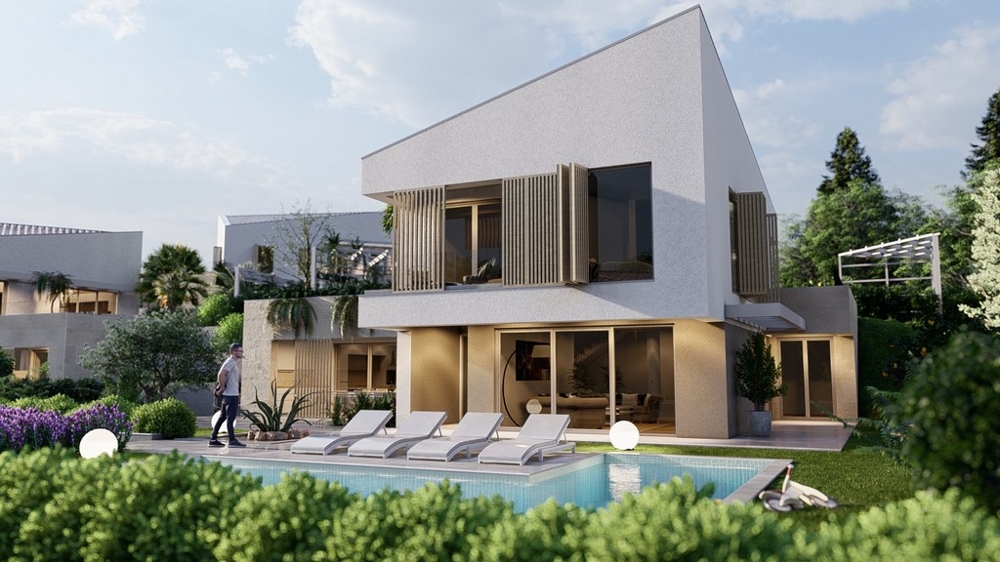 Visualizzazione della casa con lamelle in legno e piscina nel prato