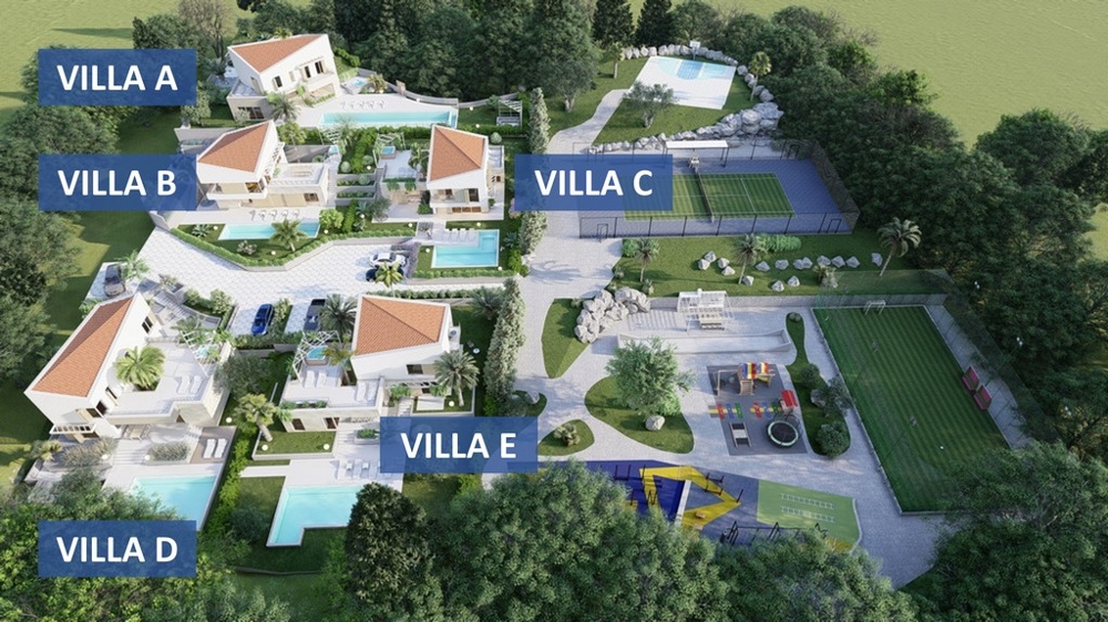 Planimetria delle cinque ville con piscine e impianti sportivi