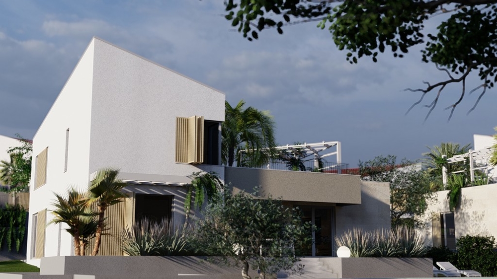 Villa moderna con giardino e piante mediterranee