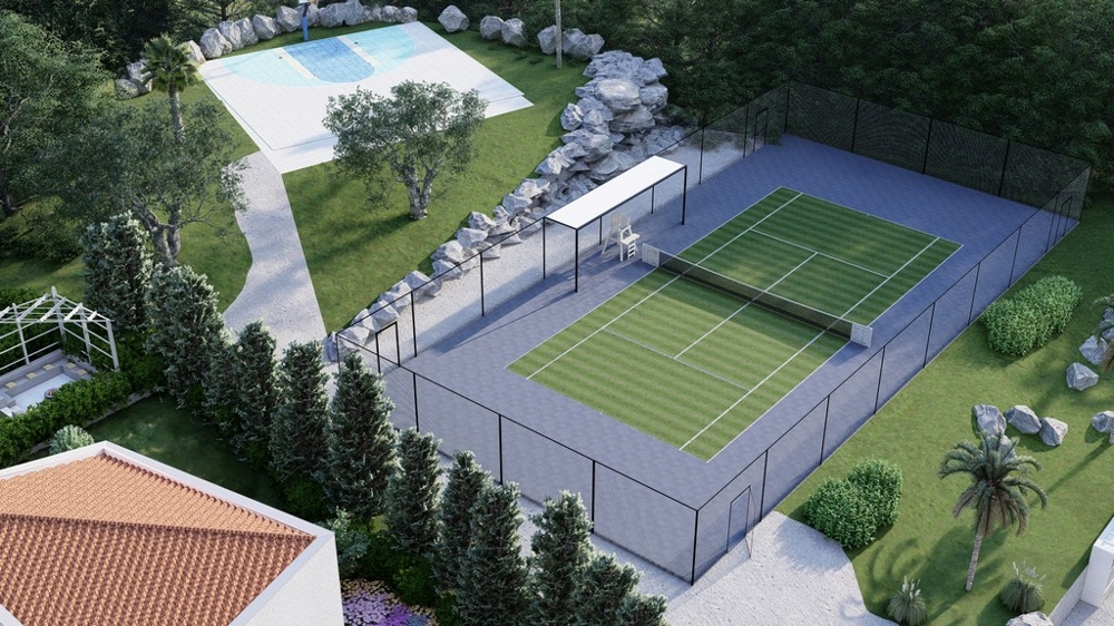 Complesso di ville con campo da tennis e ambiente verde