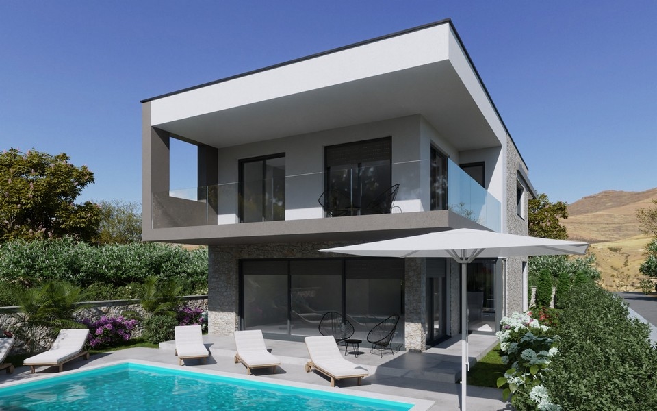 Visualizzazione della villa con lettini e ombrellone in piscina