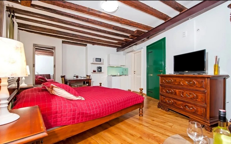 Monolocale accogliente con ingresso verde e TV