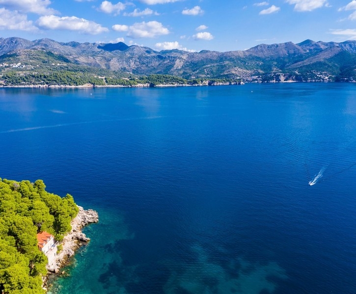 Veduta aerea di una villa sul mare con acqua turchese