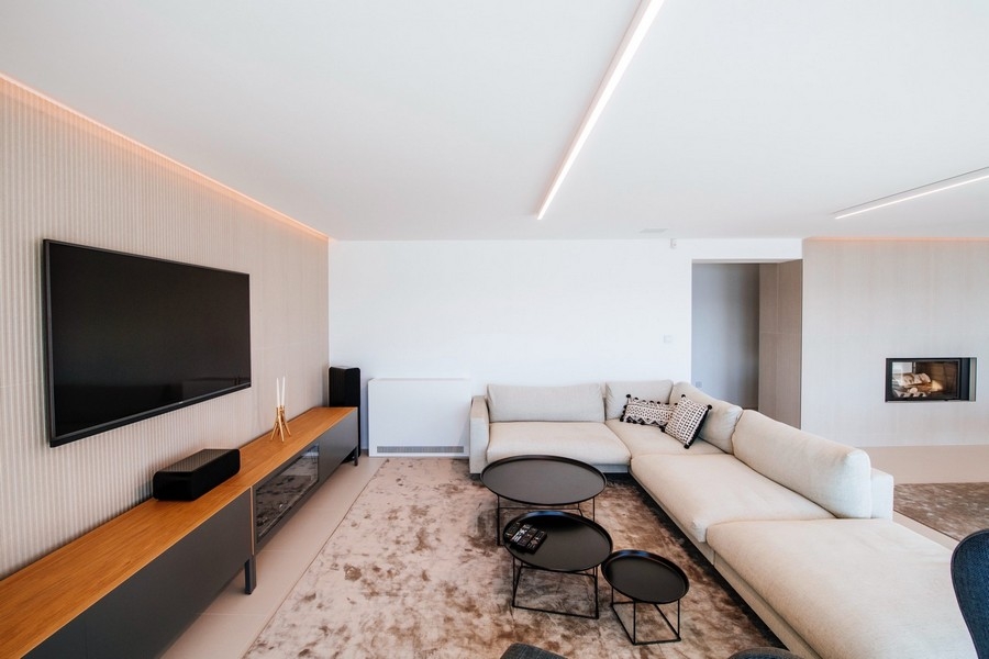 Soggiorno di lusso con arredamento elegante e design pulito.