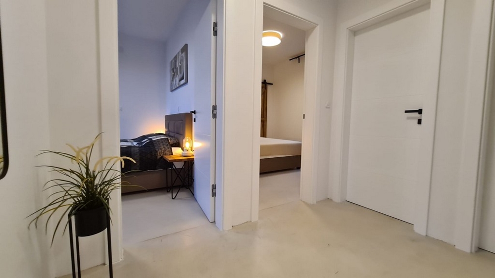 Corridoio con vista su due camere da letto e pianta verde