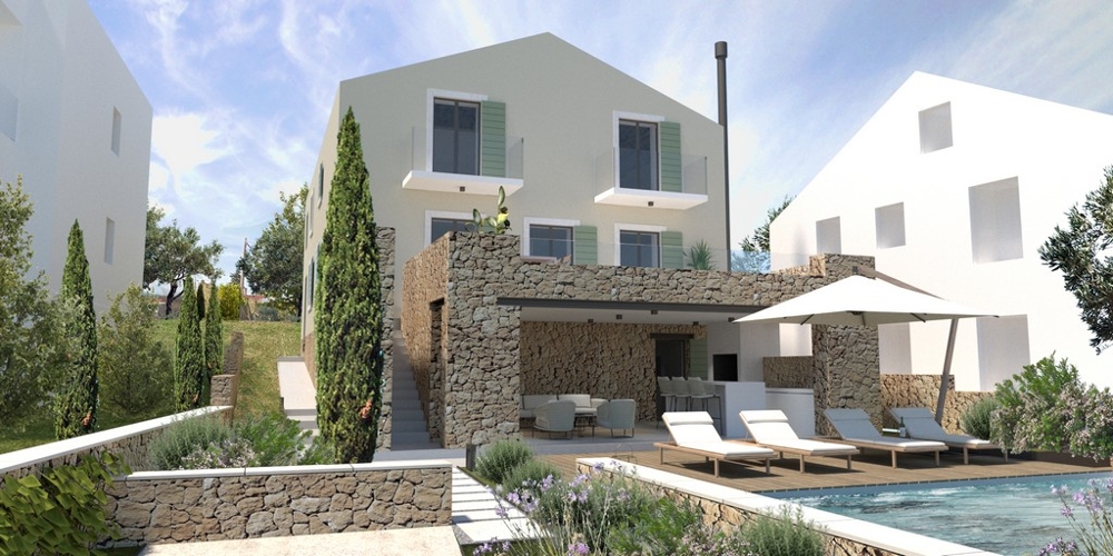 Rendering della casa con muretti a secco e cipressi