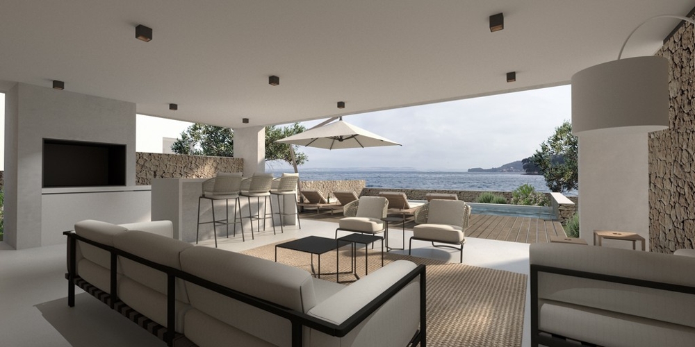 Rendering del soggiorno con fronte aperto sul mare