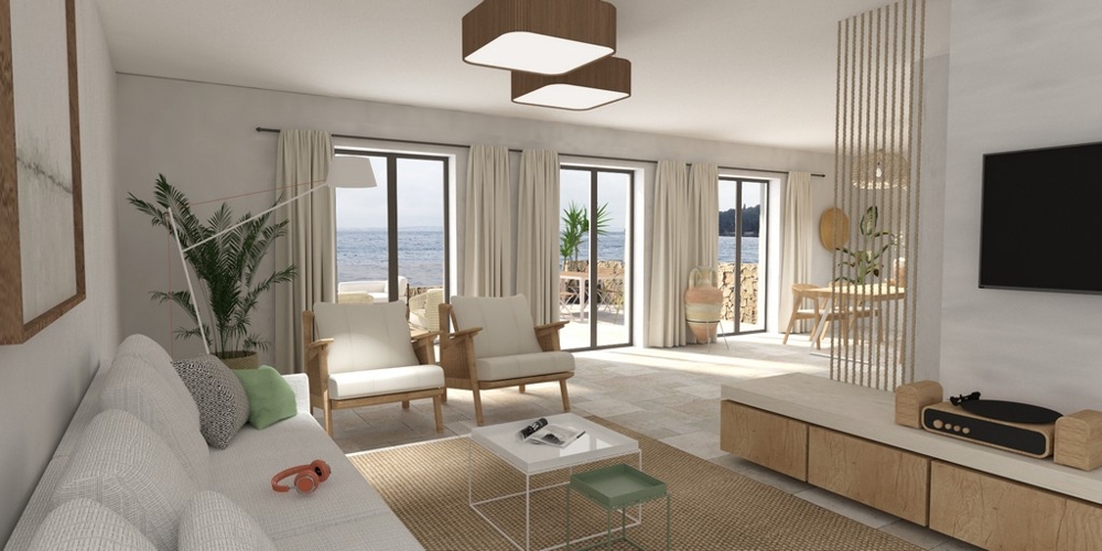 Rendering zona giorno con vista mare