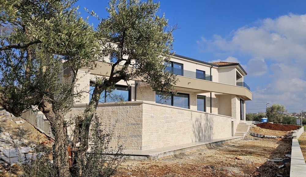 Ulivo davanti all'edificio nuovo con zoccolo in pietra naturale