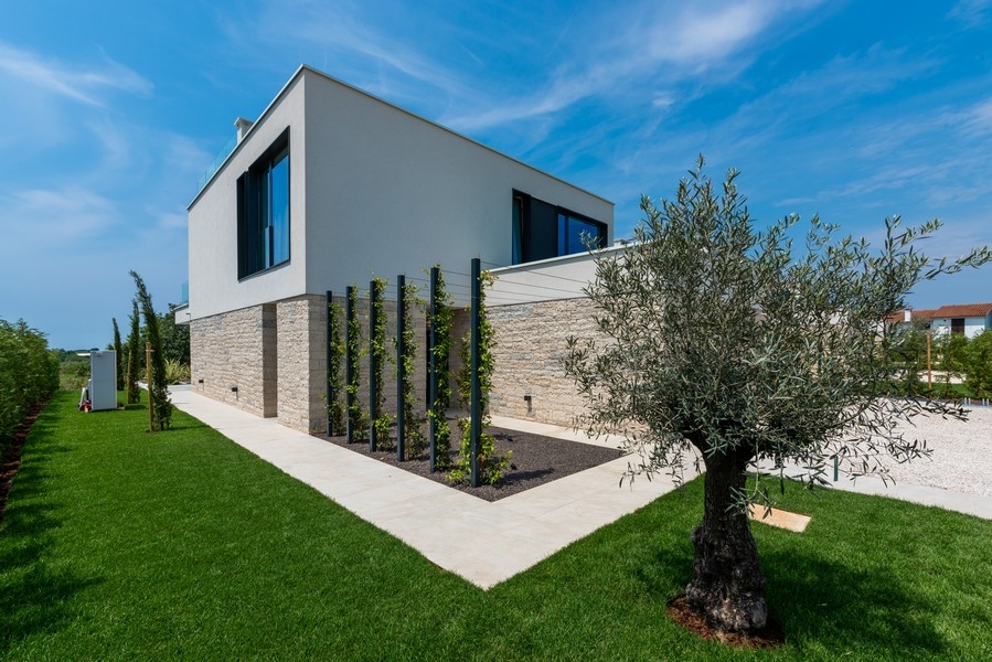 Vista laterale della villa con giardino e ulivo