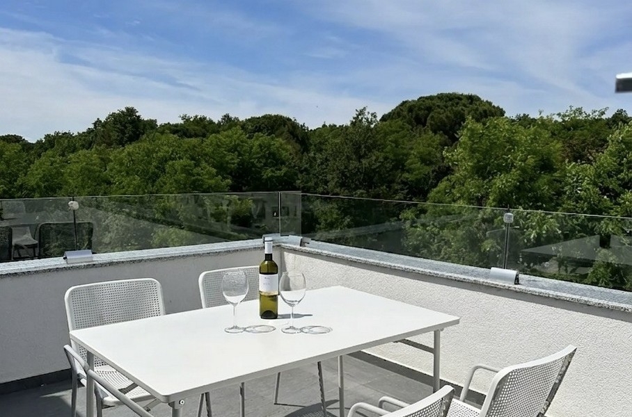 Accogliente terrazza sul tetto con vista sul verde.
