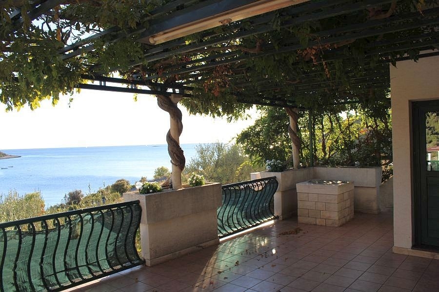 Terrazza sotto la pergola di vite con vista sulla baia