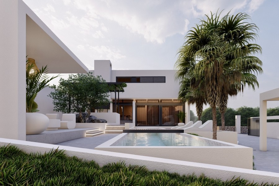 Villa di lusso bianca con palme a Rogoznica