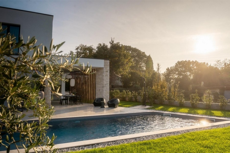 Piscina con ulivo di sera