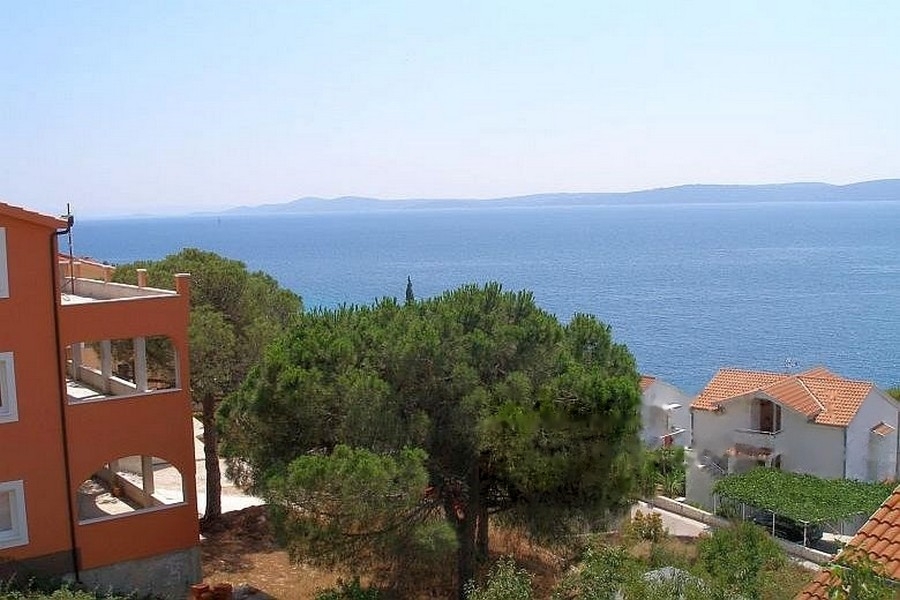 Vista mare con pini e case vicine