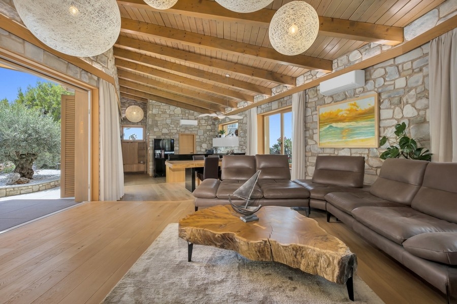 Zona giorno con divano in pelle e soffitto in legno