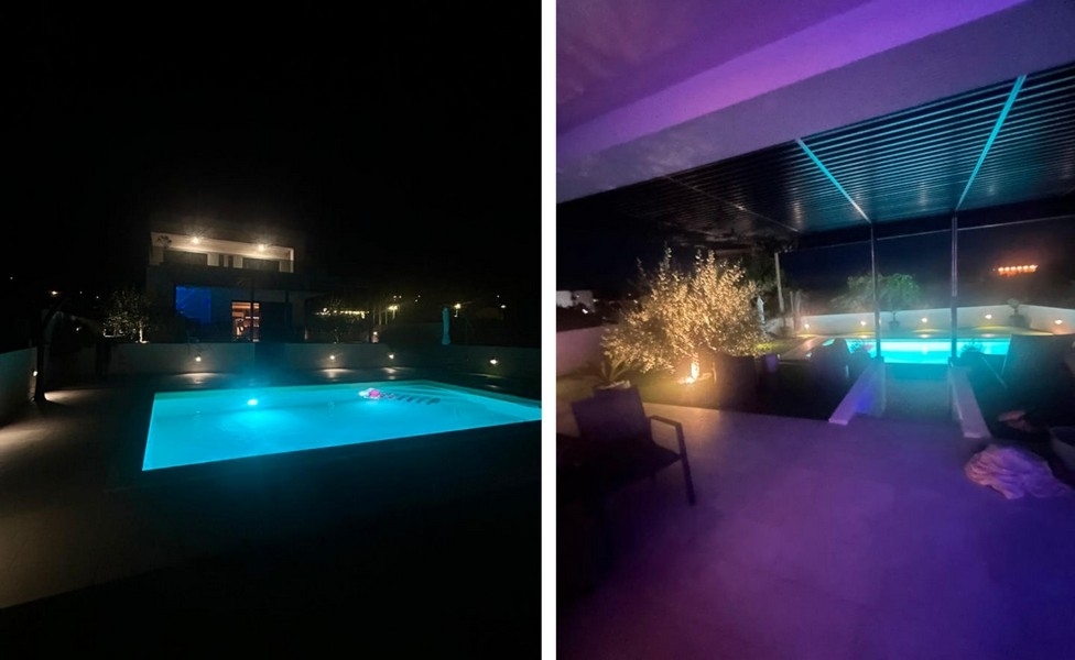 Piscina illuminata e terrazza di notte in Croazia