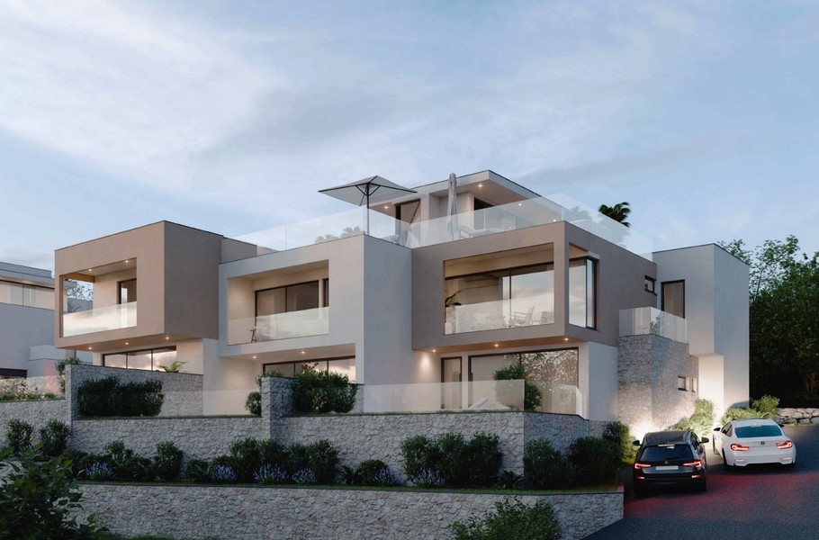 Rendering della villa con terrazza sul tetto sopra il muro in pietra naturale