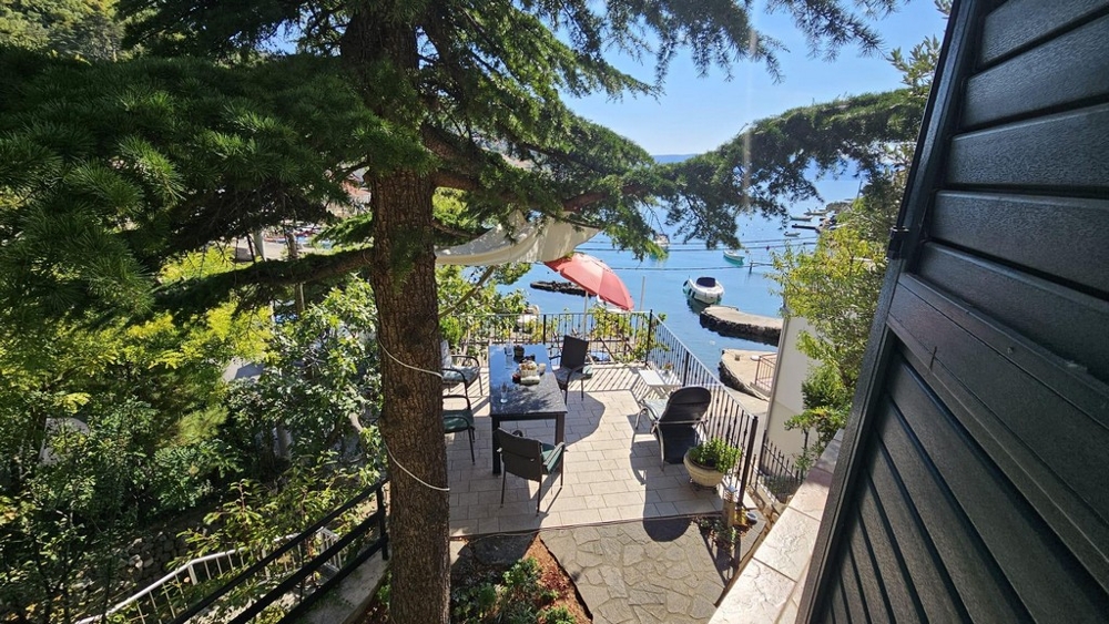 Zona salotto sotto gli alberi con vista mare