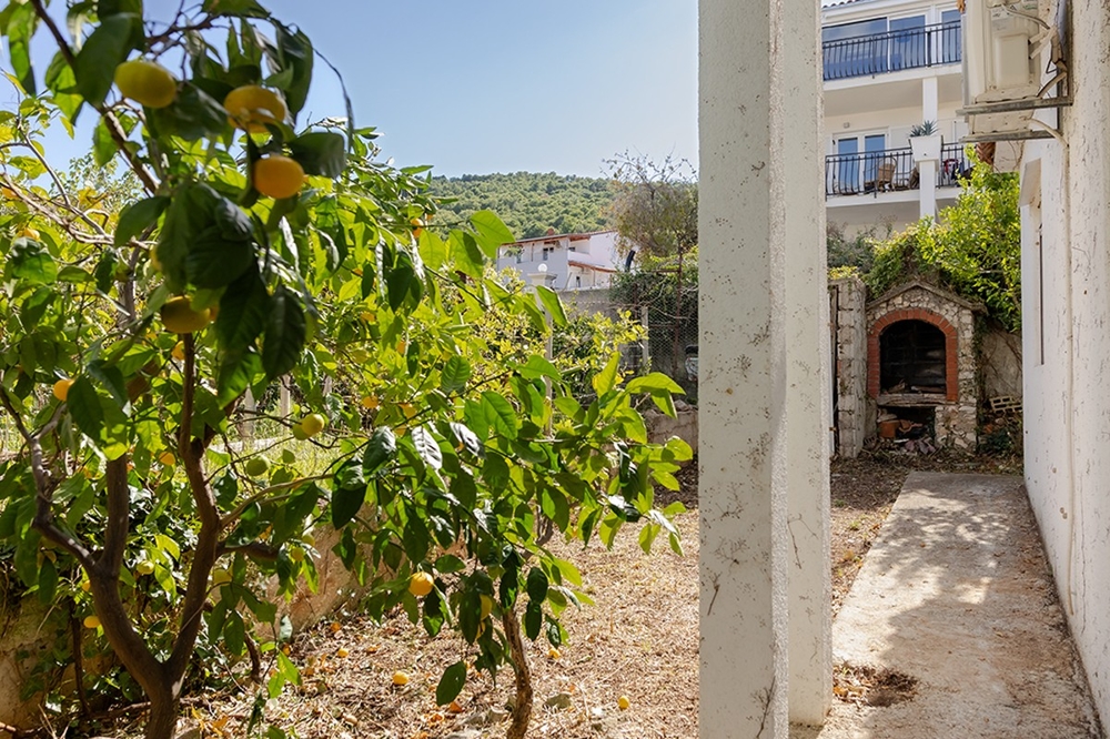 Giardino con limone e zona barbecue in muratura