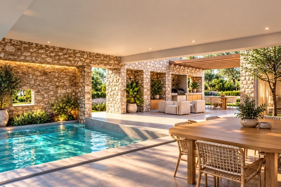 Terrazza coperta con zona pranzo presso la piscina