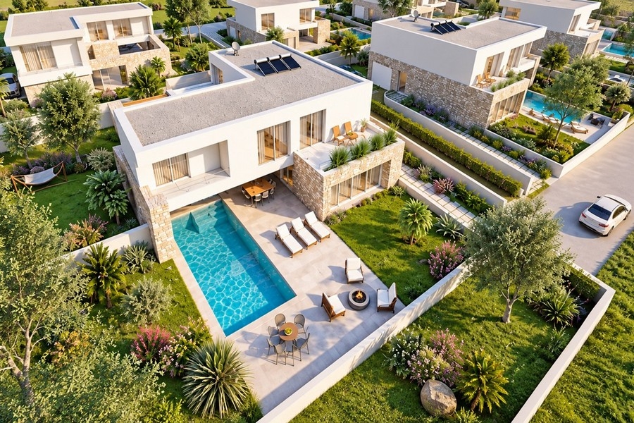 Veduta aerea della villa con piscina e solarium