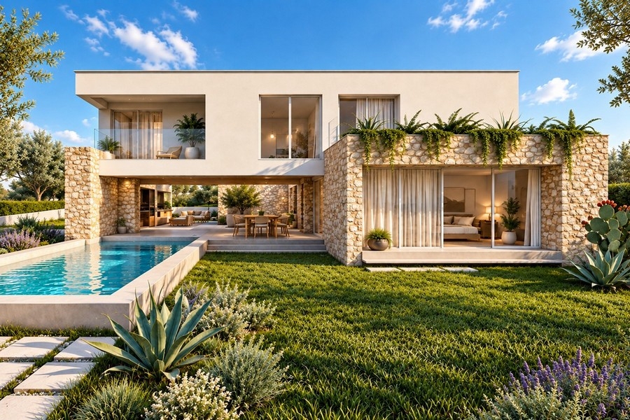 Rendering della villa con piscina e prato