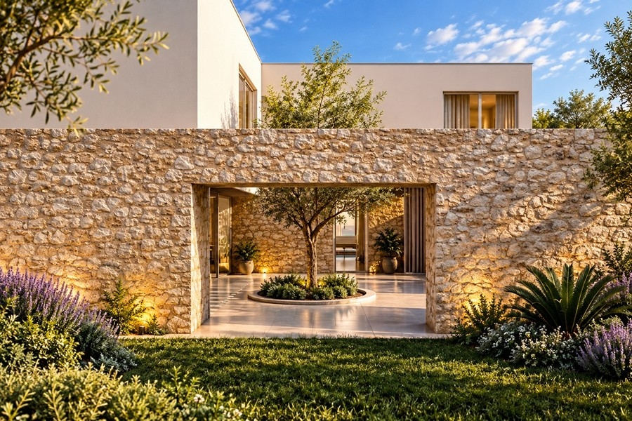Facciata in pietra naturale con cortile interno della villa