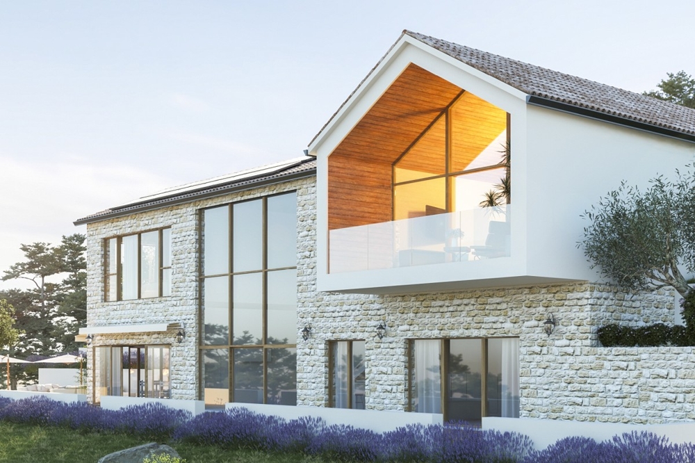 Esterno della villa con balcone e vetrata