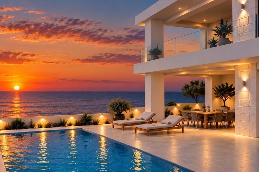 Rendering della villa con piscina al tramonto