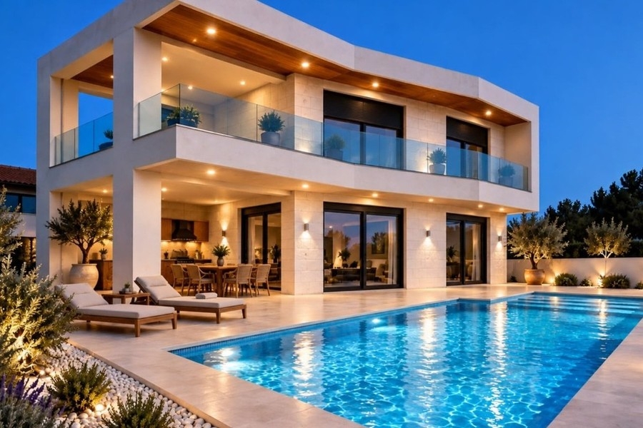 Rendering della terrazza della piscina la sera