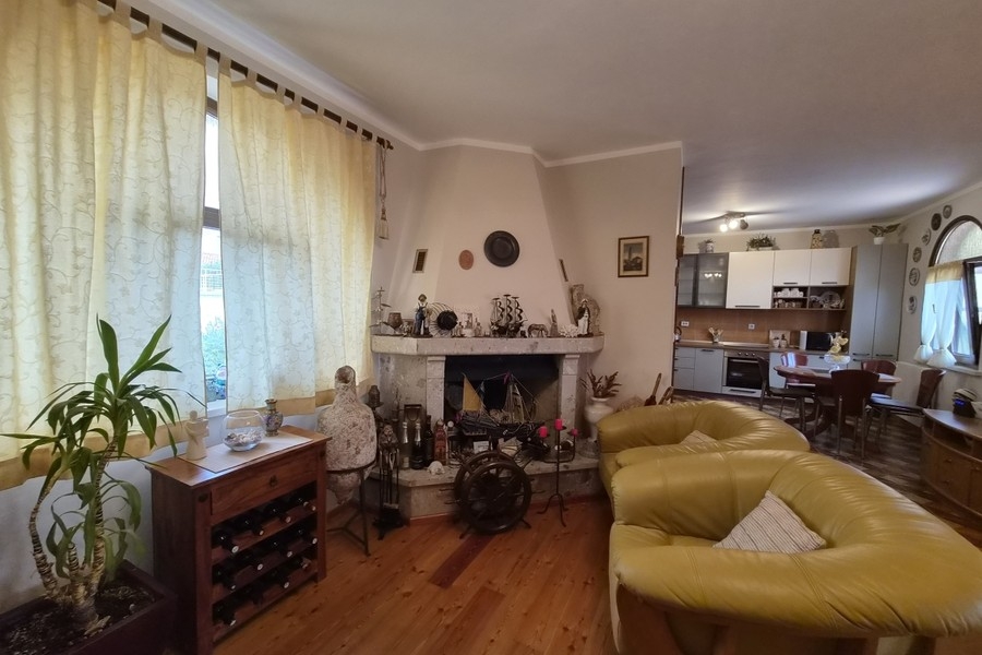 Zona giorno con camino e cucina