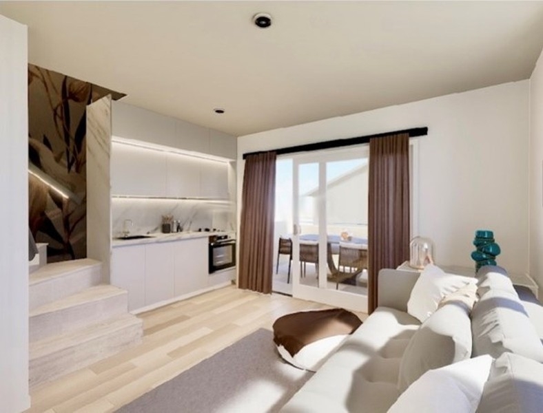 Rendering di cucina e soggiorno con porta della terrazza