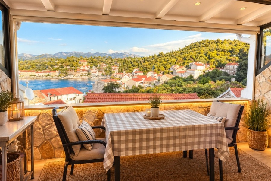 Terrazza coperta con tavolo da pranzo e vista mare