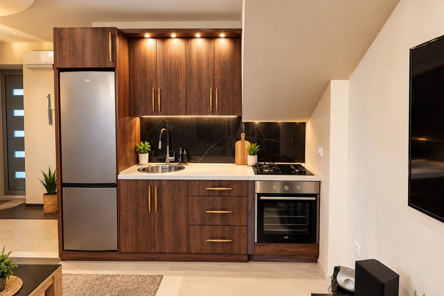Cucina con ante in legno e frigorifero