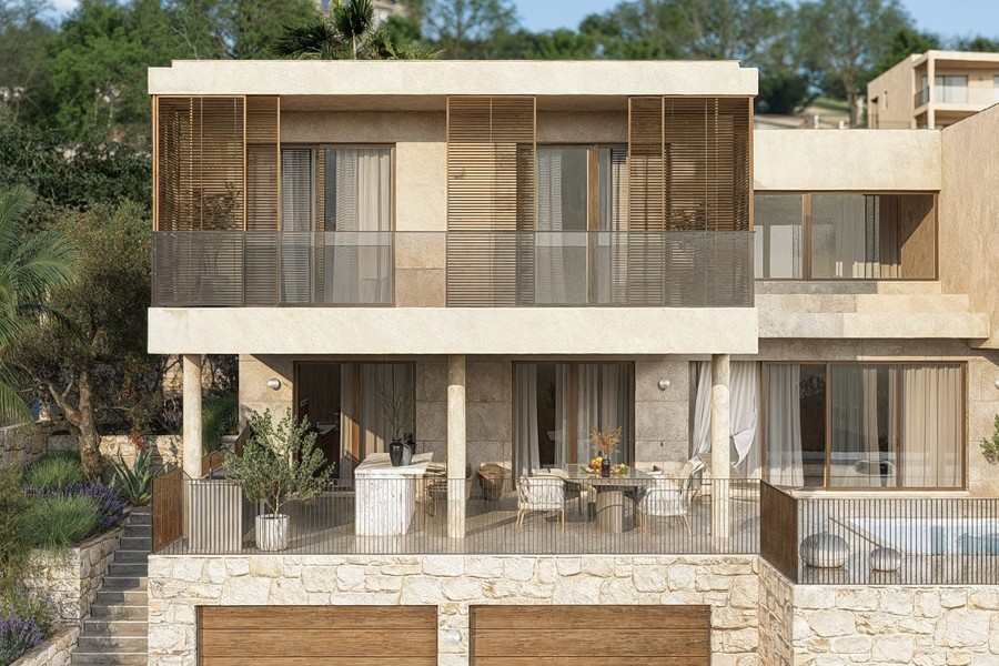 Vista frontale della villa con terrazza e piscina
