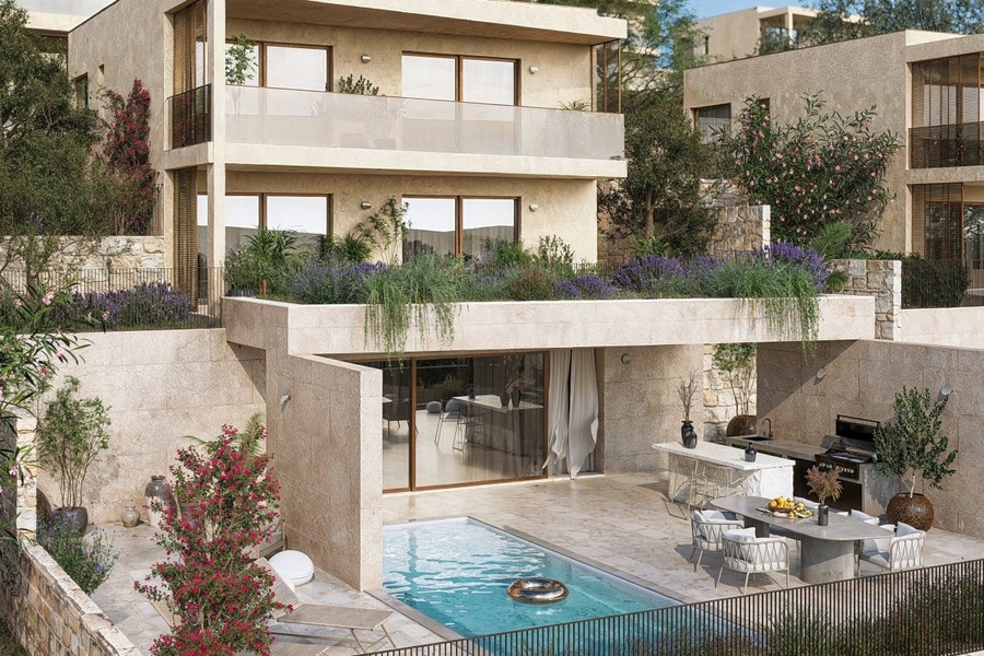 Terrazza della piscina con cucina esterna vista dall'alto