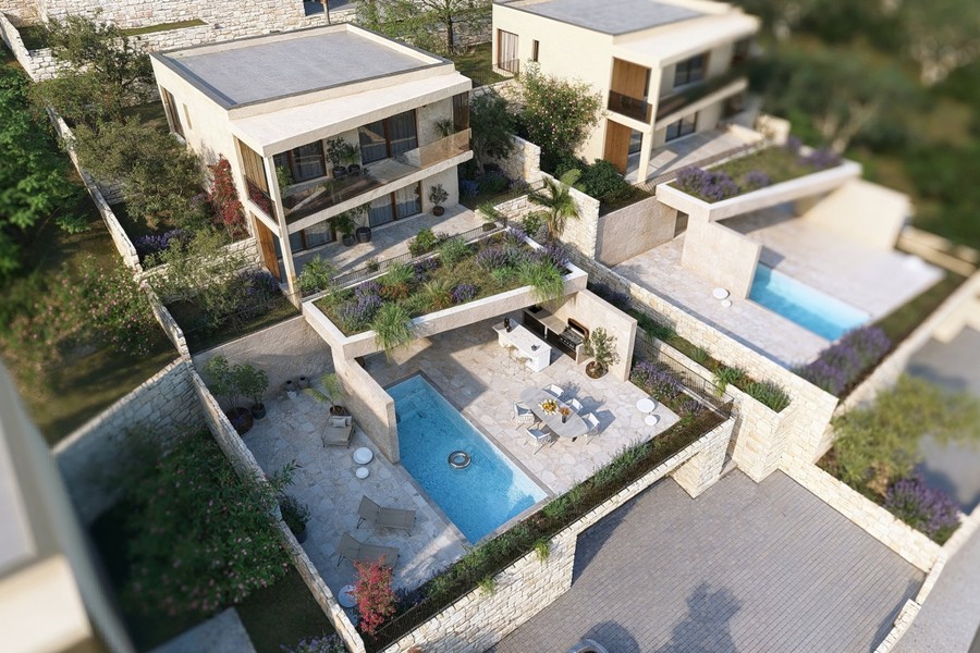 Ville con piscine e terrazze vista dall'alto