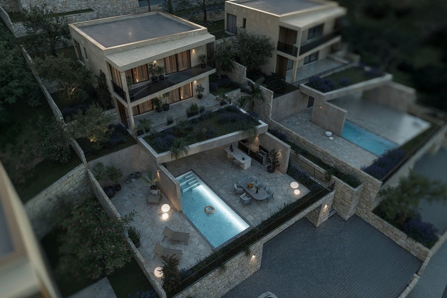 Vista aerea della villa con piscina