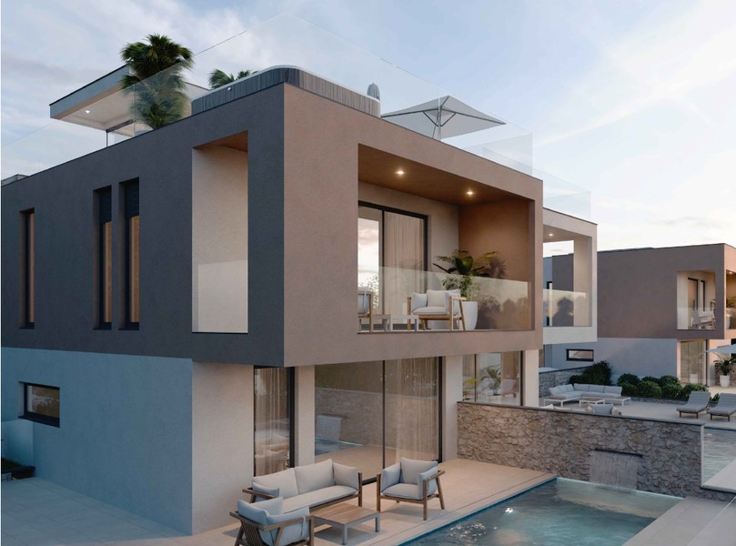Casa con terrazza coperta e parapetto in vetro