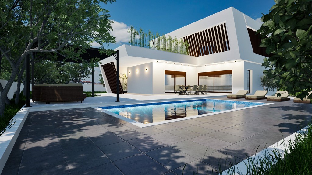 Rendering della villa con piscina e terrazza