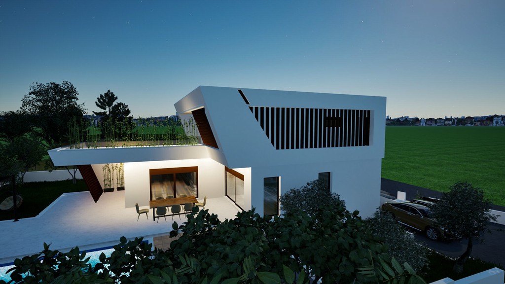 Villa di sera con terrazza illuminata