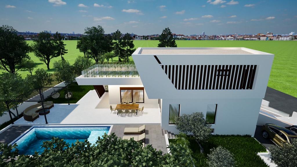 Piscina davanti all'area giorno con ampie vetrate